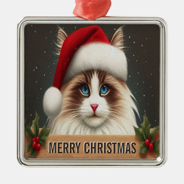 Merry Christmas Ragdoll Cat, Xmas Santa Ragdoll Metal Tree Decoration (Front)