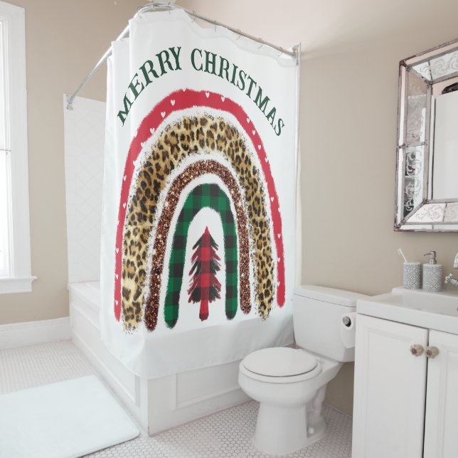 Merry Christmas Rainbow Cheetah Print Shower Curtain (In Situ)