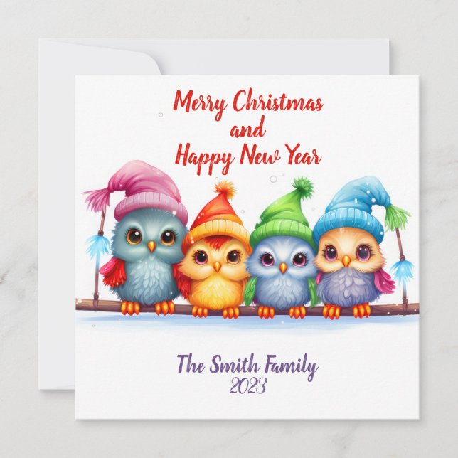 Merry Christmas Rainbow Colourful Owls Holiday Card (Front)
