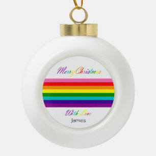 Merry Christmas Rainbow Flag LGBT Add Name Ceramic Ball Christmas Ornament