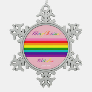 Merry Christmas Rainbow Flag LGBT Add Name Snowflake Pewter Christmas Ornament