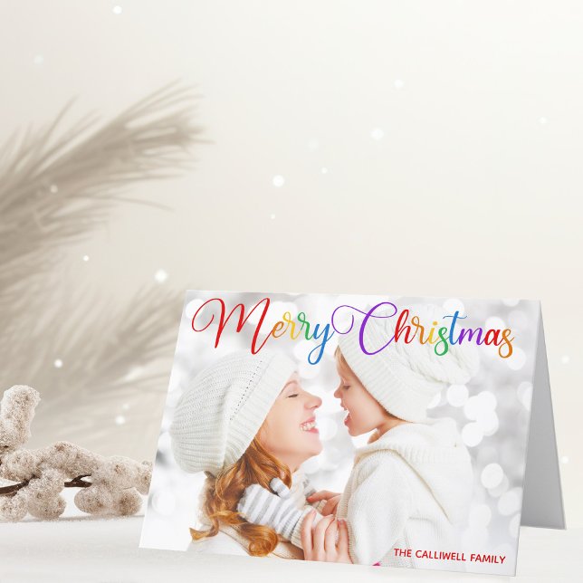 Merry Christmas Rainbow Script Family Photo Folded Holiday Card (Creator Uploaded)