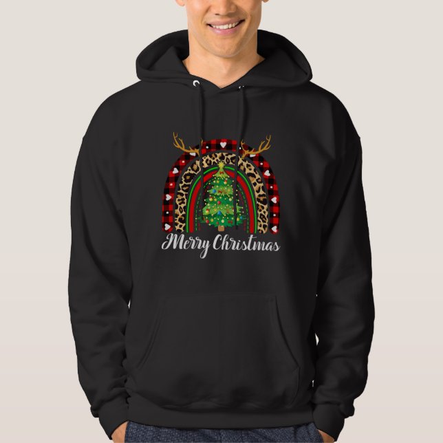 Merry Christmas Rainbow Tree Plaid Leopard Buffalo Hoodie (Front)