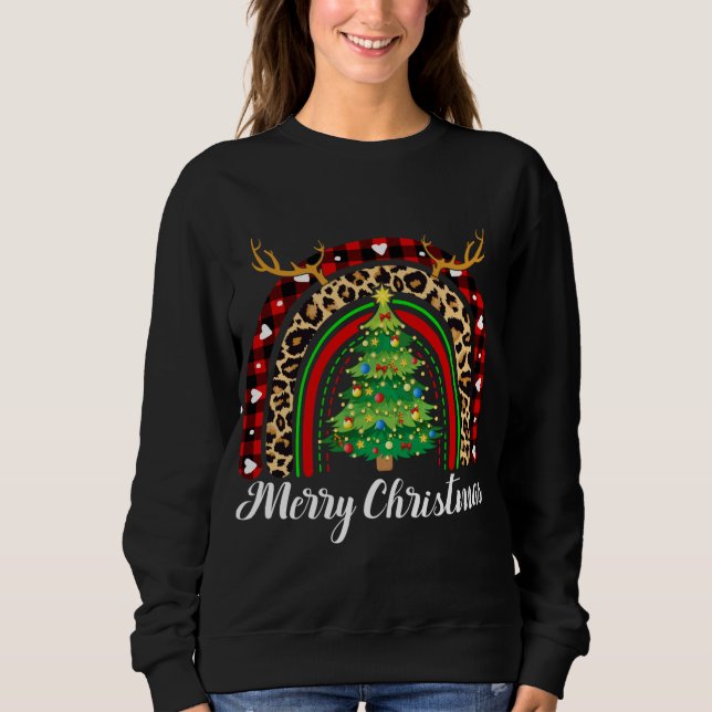 Merry Christmas Rainbow Tree Plaid Leopard Buffalo Sweatshirt (Front)