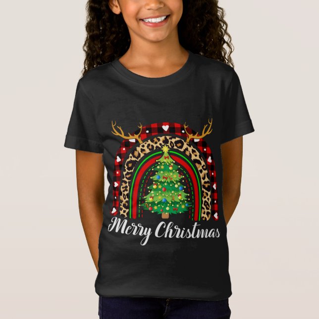 Merry Christmas Rainbow Tree Plaid Leopard Buffalo T-Shirt (Front)