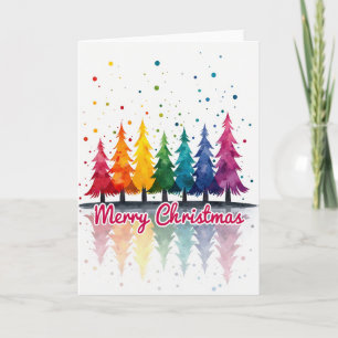 Merry Christmas Rainbow Trees Watercolor Card