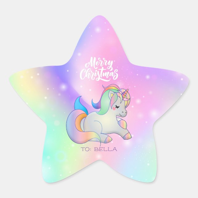 Merry Christmas Rainbow Unicorn Holiday Gift  Star Sticker (Front)