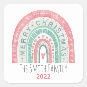 Merry Christmas Rainbow watercolors red green Square Sticker