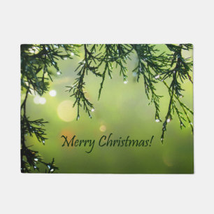 Merry Christmas Raindrops on Evergreen Tree Doormat