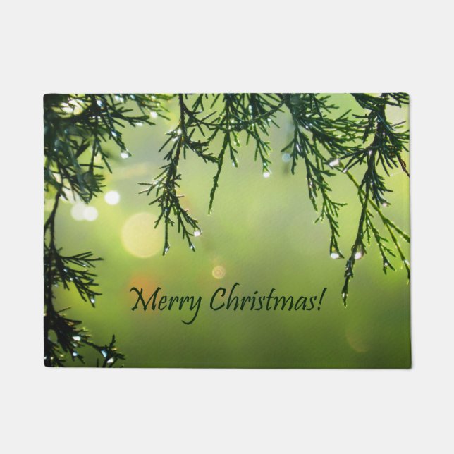 Merry Christmas Raindrops on Evergreen Tree Doormat (Front)