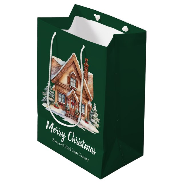 Merry Christmas Real Estate Company Green Custom Medium Gift Bag (Front Angled)