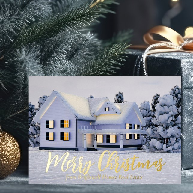 Merry Christmas Real Estate Company Winter Gold Foil Holiday Card (Creator Uploaded)