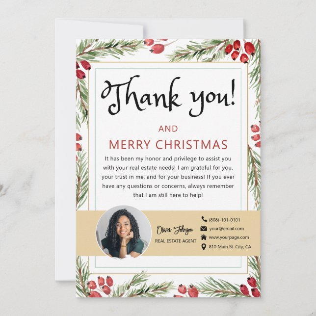 Merry Christmas Real Estate Photo Thank you Card (Front)