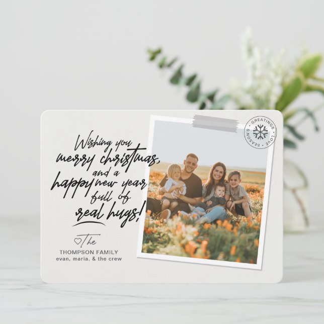 Merry Christmas Real Script Hugs Post Covid Photo Holiday Card (Standing Front)