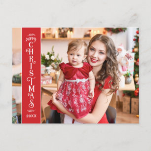 Merry Christmas red 2 photos family Holiday Postcard