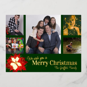 Merry Christmas red 5 photos red green poinsettia Foil Holiday Postcard