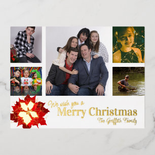 Merry Christmas red 5 photos red poinsettia  Foil Holiday Postcard