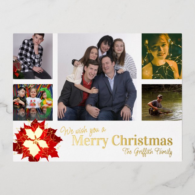 Merry Christmas red 5 photos red poinsettia  Foil Holiday Postcard (Front)