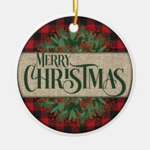 Merry Christmas Red and Black Plaid Double Sided Ceramic Tree Decoration