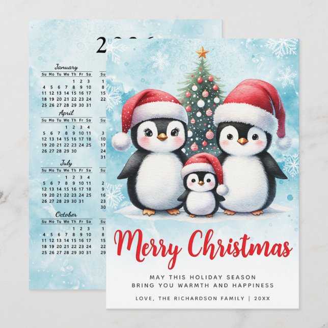 Merry Christmas Red and Blue Cute Penguin Family Holiday Card (Front/Back)