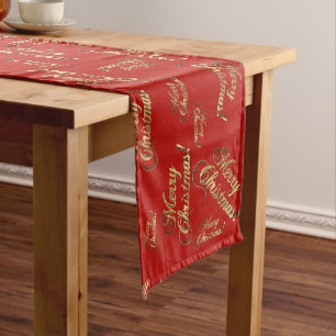 Merry Christmas Red And Faux Gold Foil Typography Long Table Runner