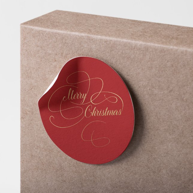 Merry Christmas red and gold elegant script Classic Round Sticker (Creator Uploaded)