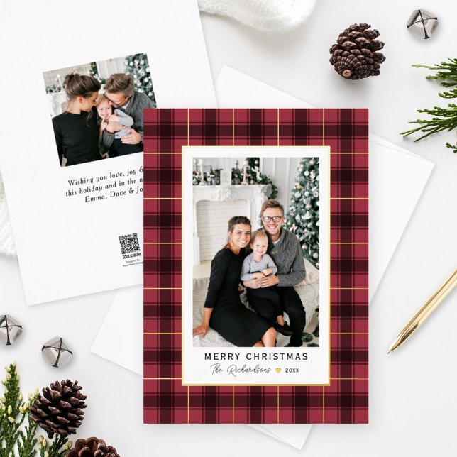 Merry Christmas Red and Gold Tartan Plaid Photo Foil Holiday Card (Creator Uploaded)