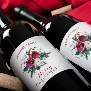 Merry Christmas red and green floral family name Wine Label