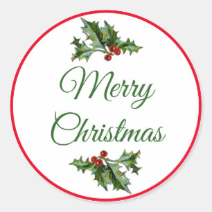 Merry Christmas Red and Green Holly Classic Round Sticker