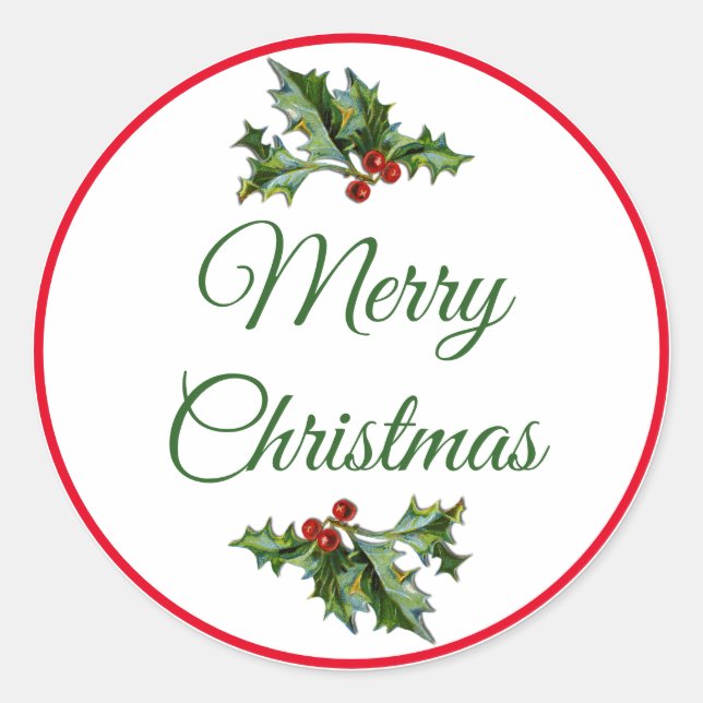 Merry Christmas Red and Green Holly Classic Round Sticker (Front)