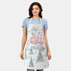 Merry Christmas Red and Green Snowy Trees Apron