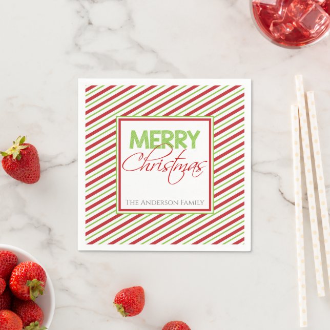 Merry Christmas | Red and Green Stripes Party Napkin (Insitu)