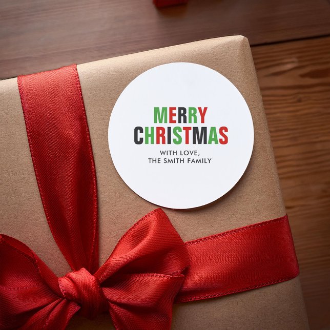 "Merry Christmas" Red and Green Typography Classic Round Sticker (Creator Uploaded)