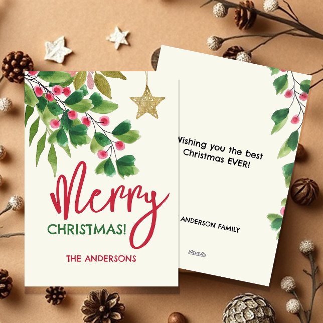 Merry Christmas Red And Green Watercolor Branches Holiday Card (Creator Uploaded)