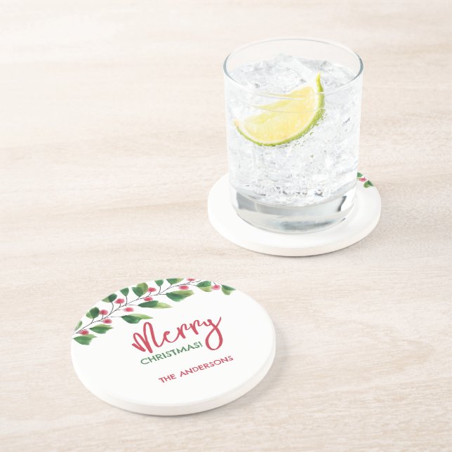 Merry Christmas Red And Green Watercolor Wreath Coaster (Side)