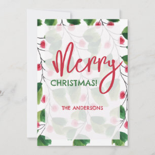 Merry Christmas Red And Green Watercolor Wreath Holiday Card