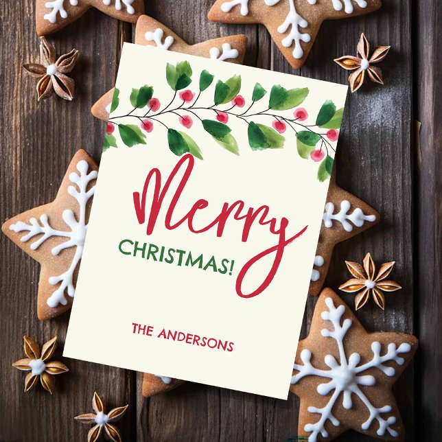 Merry Christmas Red And Green Watercolor Wreath Holiday Card (Creator Uploaded)