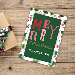 Merry Christmas Red And Green Watercolor Wreath Holiday Card