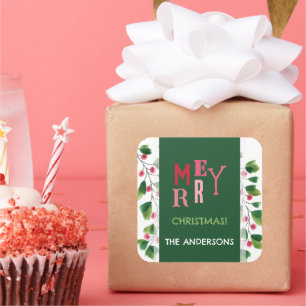 Merry Christmas Red And Green Watercolor Wreath Square Sticker