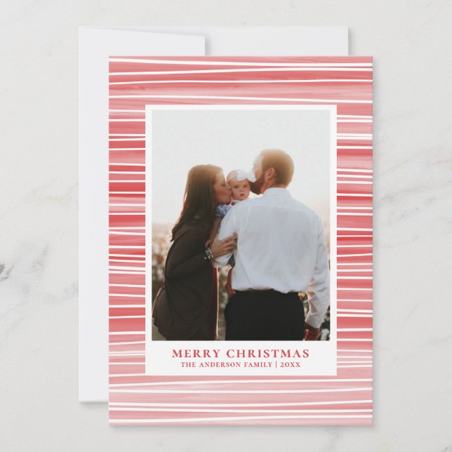 Merry Christmas. Red and pink. Modern striped Holiday Card (Front)