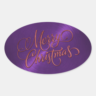 Merry Christmas Red and Purple Embossed Look Oval Sticker