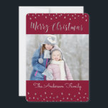 Merry Christmas Red and Silver Foil Stars Photo Holiday Card<br><div class="desc">Merry Christmas Red,  Burgundy,  Marsala and Silver Foil Stars Photo Card. The picture and family name can be replaced on the blue and silver Merry Christmas Card.</div>