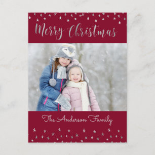 Merry Christmas Red and Silver Foil Stars Photo Holiday Postcard