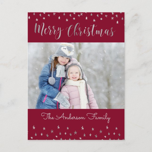 Merry Christmas Red and Silver Foil Stars Photo Holiday Postcard (Front)