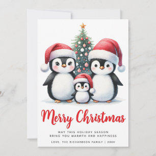 Merry Christmas Red and White Cute Penguin Family Holiday Card