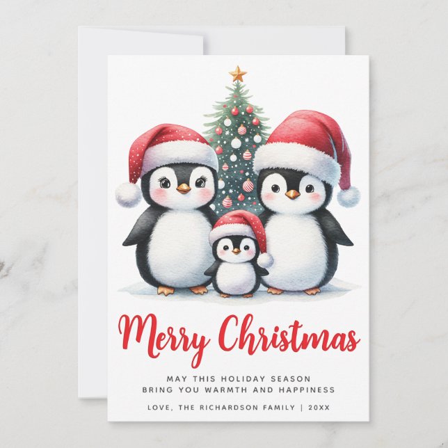 Merry Christmas Red and White Cute Penguin Family Holiday Card (Front)