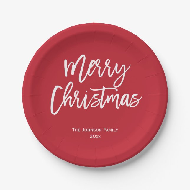 Merry Christmas Red And White Paper Plate (Front)