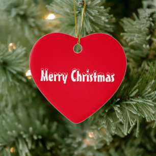 Merry Christmas red and white snow text cute heart Ceramic Tree Decoration