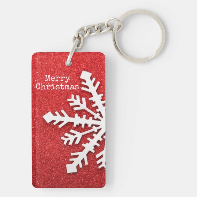 Merry Christmas Red and White Snowflake Key Ring (Back)