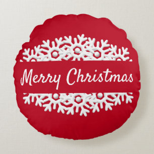 Merry Christmas red and white snowflake Round Cushion